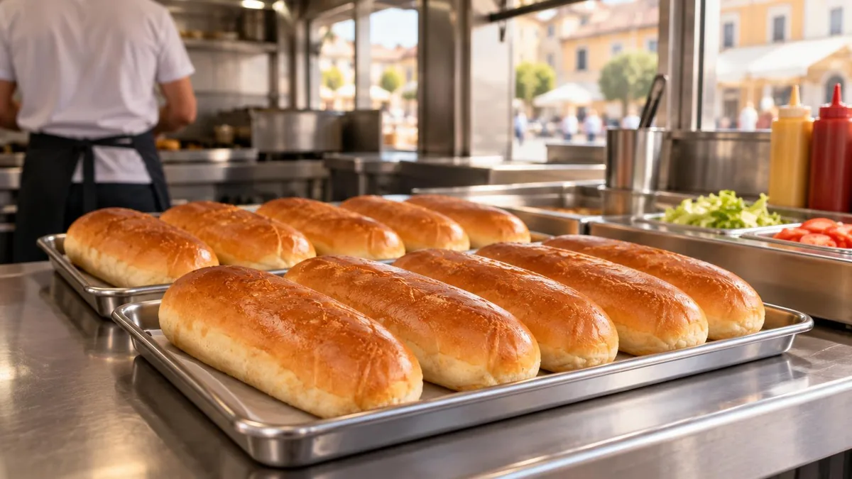 Interno di un food truck con vassoi di panini per hot dog allineati su un bancone in acciaio, pronti per essere farciti