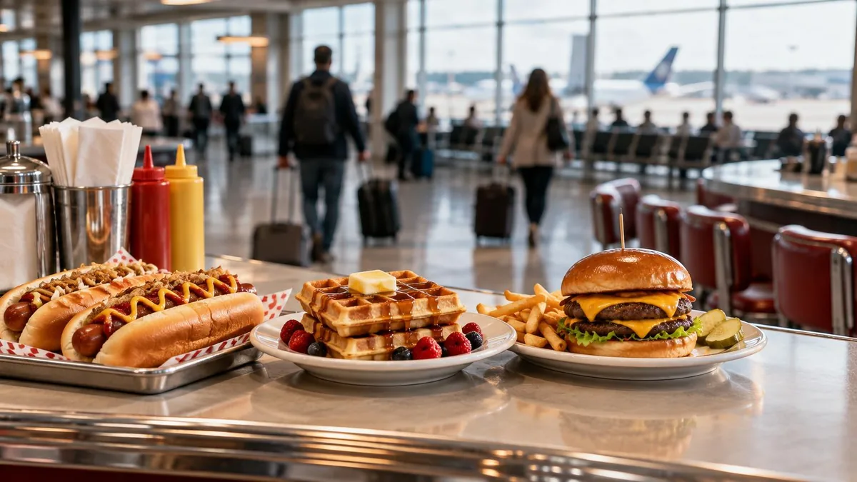 Bancone di un diner in stile americano all'interno di una zona partenze di un aeroporto, con hot dog, waffle e un burger smash pronti al servizio, passeggeri sfocati sullo sfondo.
