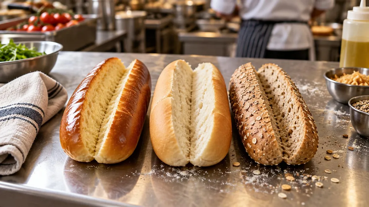 Vista dall'alto di diversi tipi di panini per hot dog aperti su un banco in acciaio inox, tra cui un panino morbido stile brioche, uno classico bianco e uno integrale rustico, con farina sparsa e un c