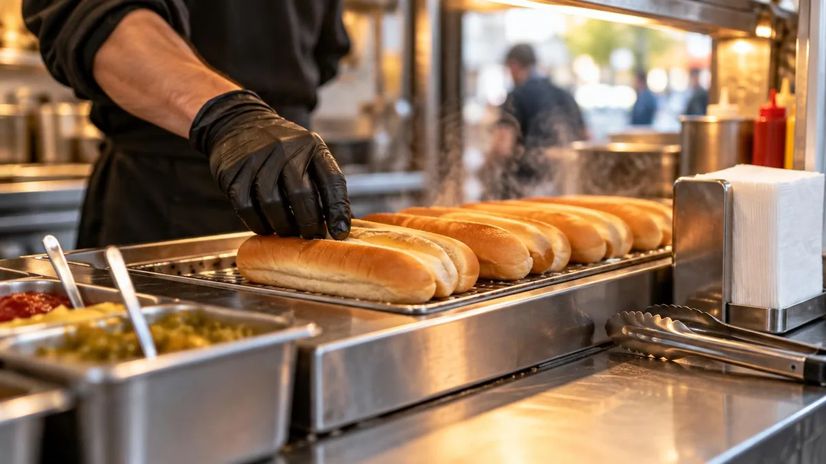 Mani guantate sistemano panini per hot dog morbidi su un piano riscaldante in acciaio di un food truck, con vapore leggero, pinze e dispenser di tovaglioli sullo sfondo sfocato.