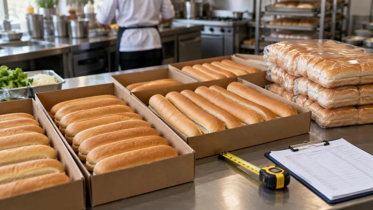 Bancone di cucina professionale con file di panini per hot dog di diverse lunghezze disposti in scatole di cartone aperte, accanto a confezioni sigillate di panini impilate, un metro da sarta e un blo