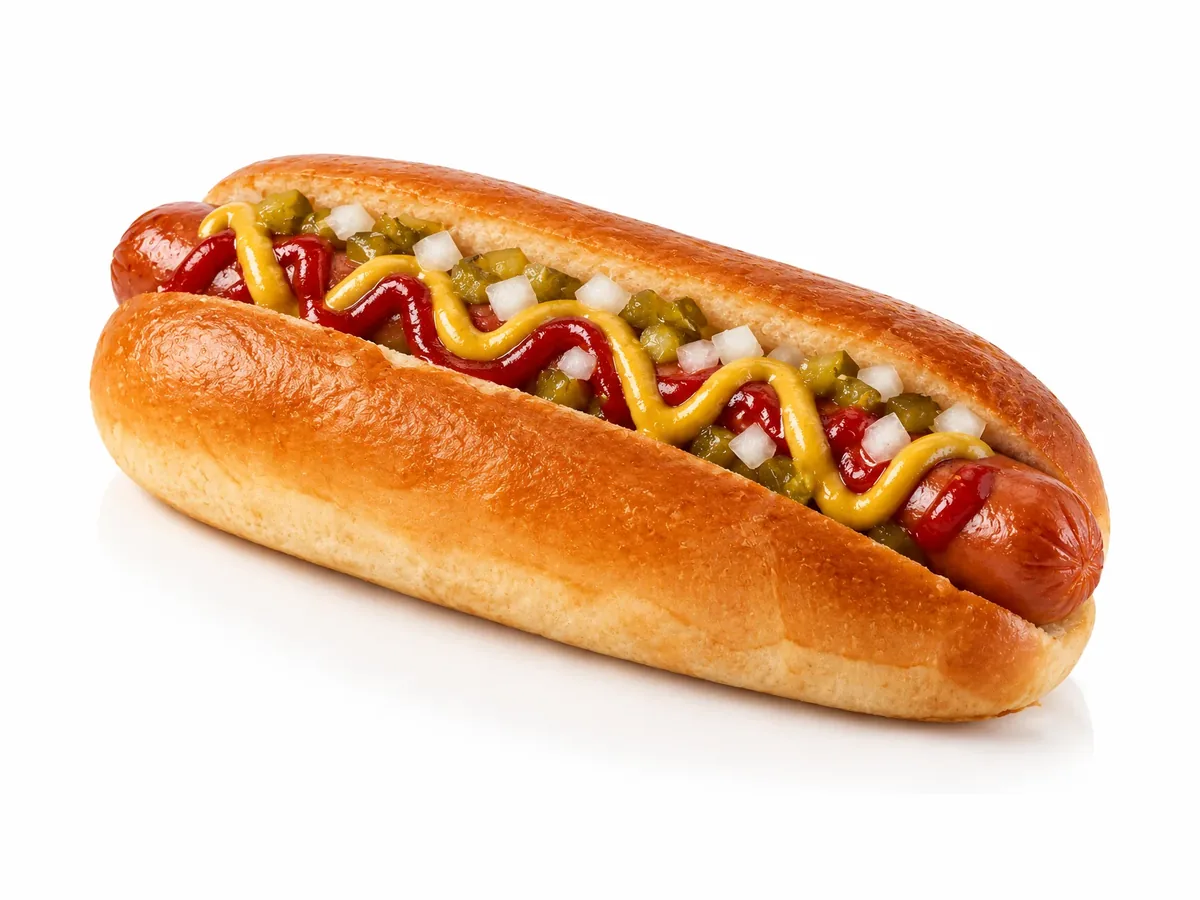 Illustrazione di panini per hot dog in un contenitore refrigerato accanto a una piastra