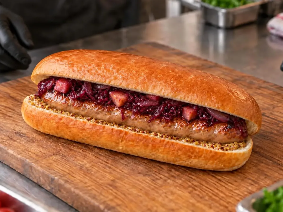Hot dog con bun naturale liscio leggermente dorato, farcito con salsiccia grigliata e abbondante cavolo rosso stufato con pezzetti di mela, punteggiato di senape in grani, servito su tagliere di legno